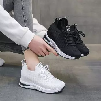 Женские кроссовки Повседневная обувь Женская платформа Каблуки Клинья Увеличивающие рост Трикотажные женские сетчатые дышащие вулканизированные туфли 35 белый