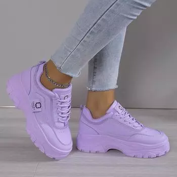 Кроссовки женские конфетного цвета для студентов, толстые подошвы, большие размеры, повседневная обувь на платформе, спортивные туфли, шнуровка, теннисные туфли, фиолетовые 35 розовый
