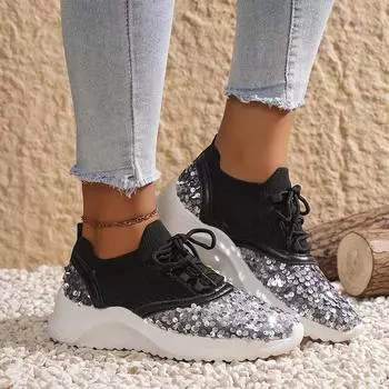 Женские кроссовки с блестками, 2024, дышащая вязаная спортивная обувь на платформе, женская удобная повседневная обувь на мягкой подошве на плоской подошве 42 чёрный