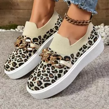Женские кроссовки с металлической цепочкой, трикотажные женские туфли на плоской подошве, дышащие мокасины на платформе, леопардовые сетчатые повседневные туфли для женщин 36 леопардовый