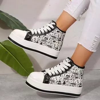Женские кроссовки с принтом граффити, модные кроссовки на шнуровке, платформа, кроссовки для ходьбы на открытом воздухе, женская повседневная обувь для скейтбординга, обувь 36 белый