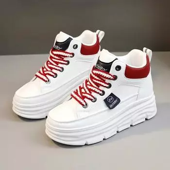 Женские кроссовки с толстой подошвой, увеличивающие размер, женские кожаные высокие ботинки на шнуровке, женские ботинки на платформе, белые вулканизированные туфли 35