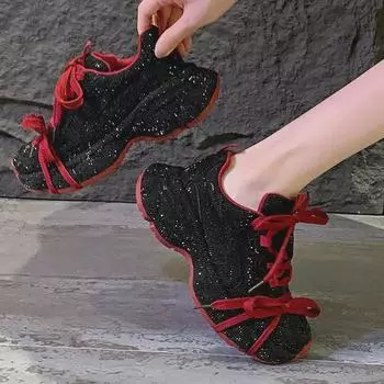 Женские кроссовки со стразами на толстой подошве: Стиль папы, уличные, дышащие, визуально увеличивающие рост повседневные модели на осень/зиму 2024 г. 38 красный/серый
