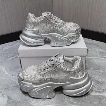 Женские кроссовки Starry Rhinestone Sequin 2024: Европейская мода, толстая подошва, легкая роскошь 36 серебряный