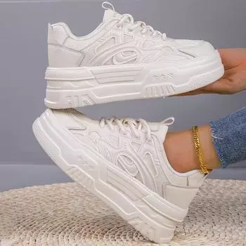 Женские кроссовки, уличная противоскользящая обувь на плоской подошве, модная повседневная спортивная обувь на шнуровке на толстой подошве, кроссовки из искусственной кожи для женщин 36 бежевый