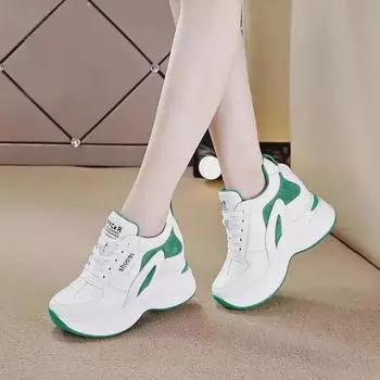 Женские кроссовки, увеличивающие рост - Мода 2023 - Повседневная обувь на толстой подошве для похудения - Весна и осень Белые туфли Dad 35 зелёный