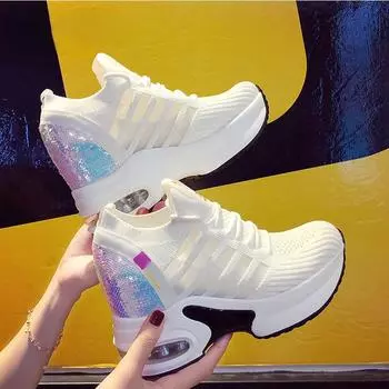 Женские кроссовки, весенние повседневные женские кроссовки с пайетками на платформе, на высоком каблуке, на танкетке, увеличивающая высоту, вязаная женская вулканизированная обувь, 2024 35 чёрный