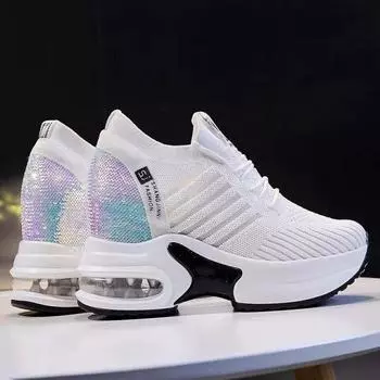 Женские кроссовки, весенняя повседневная обувь с блестками, женская обувь на платформе и танкетке, увеличивающая рост, 2021, вязаная женская вулканизированная обувь 35 белый