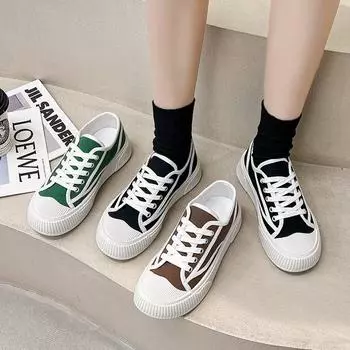Женские кроссовки. Женская парусиновая обувь. Белая повседневная обувь на платформе. Модные кроссовки на платформе. Корзина на шнуровке. Повседневная массивная обувь. 35 чёрный