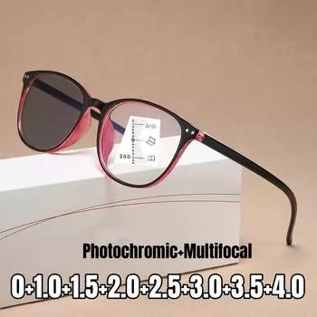Женские круглые фотохромные очки для чтения, модные HD-мультифокальные очки с изменением цвета, мужские, анти-синие, сверхлегкие, пресбиопия 0+4,0 0