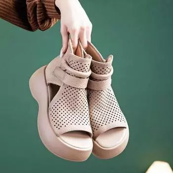 Женские крутые ботинки из мягкой искусственной кожи в стиле ретро, модные женские сандалии, летние сандалии с открытым носком, туфли на танкетке, сандалии на среднем каблуке 36 бежевый