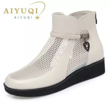 Женские крутые ботинки. Летняя женская обувь на платформе. Модные женские сетчатые ботинки большого размера. 35 бежевый