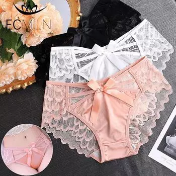 Женские кружевные атласные трусики, шелковые банты крест-накрест, сексуальные бесшовные трусики, милые летние трусы-брифы M-XL M чёрный