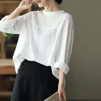 Женские кружевные белые рубашки, открытые топы, пуловер с длинным рукавом, свободная черная блузка One Size белый