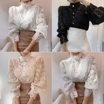 Женские кружевные блузки с рукавами-лепестками, женская блузка на пуговицах с цветочным кружевом в стиле пэчворк, белая рубашка, топ, женская одежда S белый