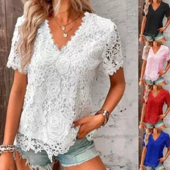 Женские кружевные блузки с V-образным вырезом, летние топы с короткими рукавами, повседневная футболка, размер