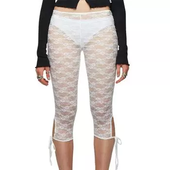 Женские кружевные брюки-капри, повседневные, с вырезом-бандаж, прозрачные, эластичные брюки для повседневной уличной одежды S чёрный