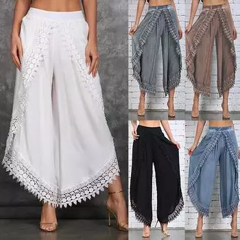 Женские кружевные брюки с высокой талией и эластичной лентой, женские повседневные брюки Harlan с широкими штанинами XXXL чёрный