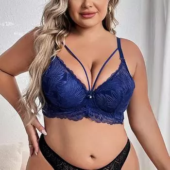 Женские кружевные бюстгальтеры 3/4Cup Push Up Цветочная вышивка Нижнее белье Женский бюстгальтер больших размеров 90C синий