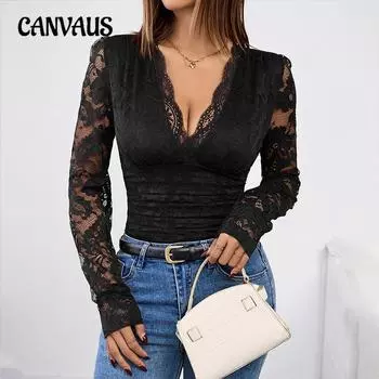 Женские кружевные черные сексуальные топы с длинным рукавом S чёрный