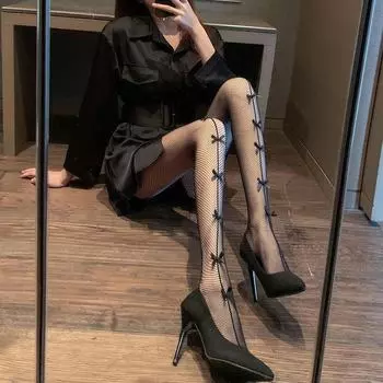 «Женские кружевные чулки в сеточку с бантом, носками и акцентами в виде бабочек» Pure vertical чёрный