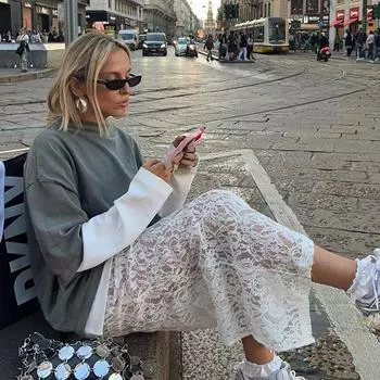 Женские кружевные длинные однотонные юбки длиной до щиколотки с высокой талией M белый