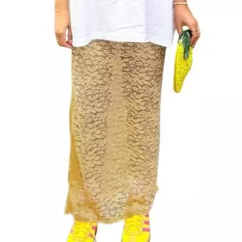 Женские кружевные длинные юбки Элегантные однотонные прозрачные юбки миди с низкой талией Юбки облегающего кроя S чёрный