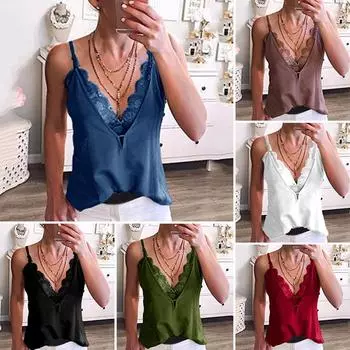 Женские кружевные футболки без рукавов, майки с глубоким V-образным вырезом, однотонные, с открытой спиной, повседневная летняя мода S синий