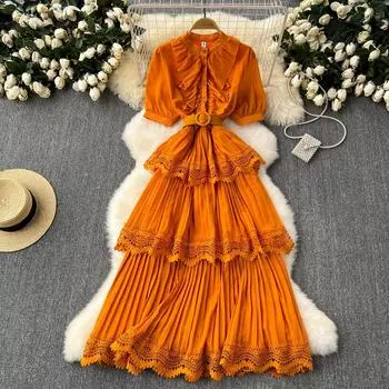 Женские кружевные лоскутные длинные платья с пышными рукавами и талией one size бордовый