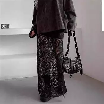 Женские кружевные лоскутные длинные юбки Винтажные юбки с высокой талией Однотонные прозрачные макси-юбки Узкие юбки Элегантные темпераментные юбки L чёрный