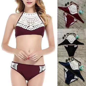 Женские кружевные лоскутные мягкие купальники пуш-ап из 2 предметов, бикини, пляжная одежда M тёмно-синий