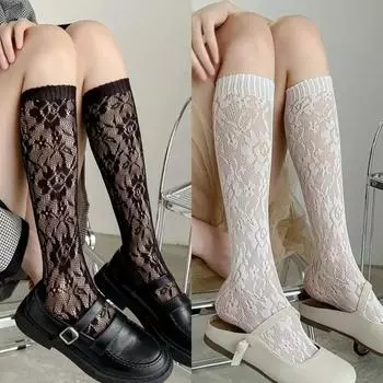 Женские кружевные носки до середины икры Jk Summer Thin Flower Print Hollowout Breathable Lolita Anti Hook Silk Durable Sweet Fishnet Socks One Size чёрный