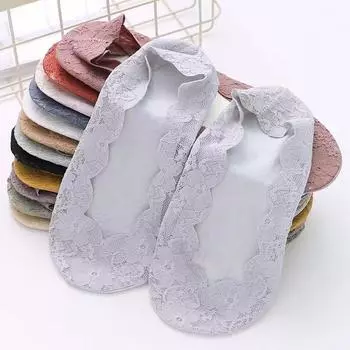 Женские кружевные носки, летние, тонкие, нескользящие, с каблуком-невидимкой, короткие, летние, с неглубокой горловиной one size чёрный