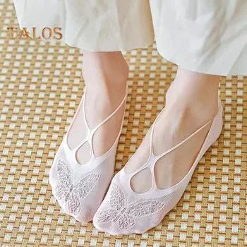 Женские кружевные носки-невидимки с низким вырезом и невидимым носком, полуноски, летние носки для йоги с нескользящей пяткой светло-серый