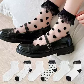 Женские кружевные носки, сексуальные прозрачные сетчатые чулки с рюшами и кристаллами, шелковые чулки средней длины, французские EUR 34-39