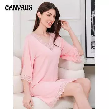 Женские кружевные сексуальные пижамы из чистого модала с V-образным вырезом из чистого хлопка для дома, женские свободные ночные рубашки с рукавом семь минут большого размера S розовый