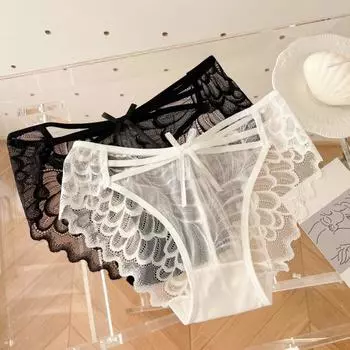 Женские кружевные стринги с низкой талией, прозрачные трусики с бантом, сексуальные кружевные сетчатые трусы, ультратонкое дышащее бикини-белье