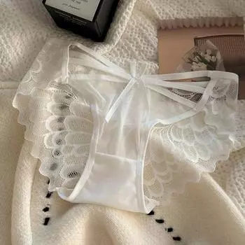 Женские кружевные стринги с низкой талией, прозрачные трусики с бантом, сексуальные