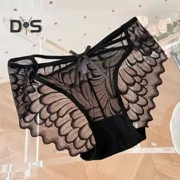 Женские кружевные стринги с низкой талией, прозрачные трусики с бантом, сексуальные кружевные сетчатые трусы, ультратонкое дышащее бикини-белье