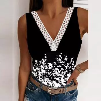 Женские кружевные топы без рукавов с v-образным вырезом, жилет, женские летние футболки с цветочным принтом в стиле бохо, блузка