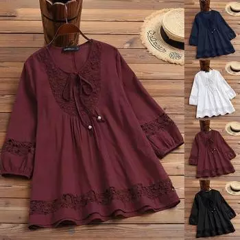 Женские кружевные топы с длинным рукавом и V-образным вырезом, мешковатые базовые блузки, женские повседневные элегантные однотонные свободные футболки S чёрный