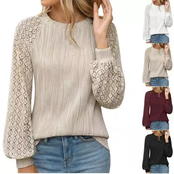 Женские кружевные топы с длинным рукавом и круглым вырезом, деловые повседневные блузки L чёрный