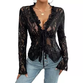 Женские кружевные топы с длинным рукавом, повседневные прозрачные базовые рубашки с завязками спереди, блузки для клуба, уличная одежда, эстетическая одежда S чёрный