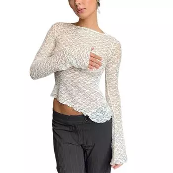 Женские кружевные топы, узкие, прозрачные, с длинным рукавом, асимметричная рубашка, повседневная уличная одежда S