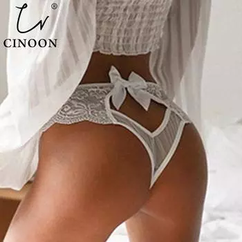 Женские кружевные трусики, ажурное нижнее белье, стринги, женские сексуальные трусики с перекрестным ремешком, прозрачные трусики с бантом L