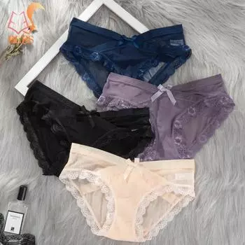 Женские кружевные трусики, бесшовные трусики, дышащие трусы для женщин, хлопковые трусы с низкой талией, прозрачное нижнее белье, нижнее белье M бежевый
