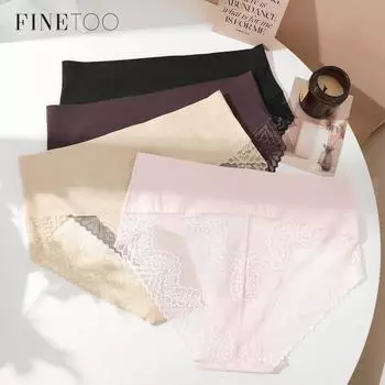 Женские кружевные трусики FINETOO, дышащие и однотонные трусы, нижнее белье со средней талией S чёрный