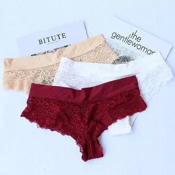 Женские кружевные трусики-стринги с низкой талией, хлопковые трусы с промежностью