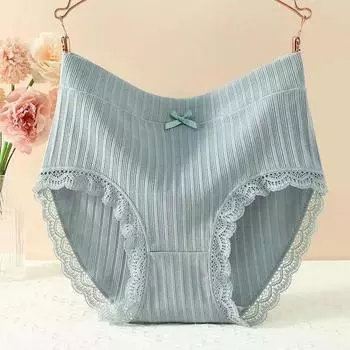 Женские кружевные трусы-брифы с высокой талией и бантом из хлопка - дышащие и удобные L for 40-52.5kg серый