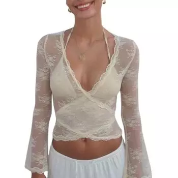 Женские кружевные укороченные топы, повседневные футболки с длинным рукавом, глубоким V-образным вырезом и перекрестными запахами, базовые блузки S